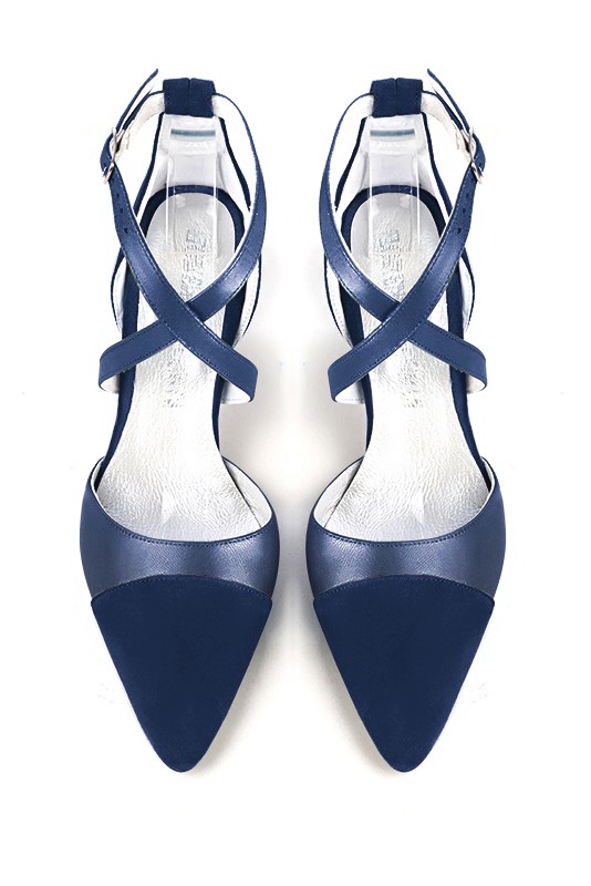 Navy blue women's open side shoes, with crossed straps. Tapered toe. High block heels. Top view - Florence KOOIJMAN